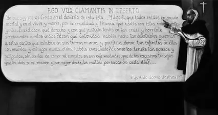 A painting of Fray Antonio de Montesinos preaching beside the handwritten text of his 1511 sermon