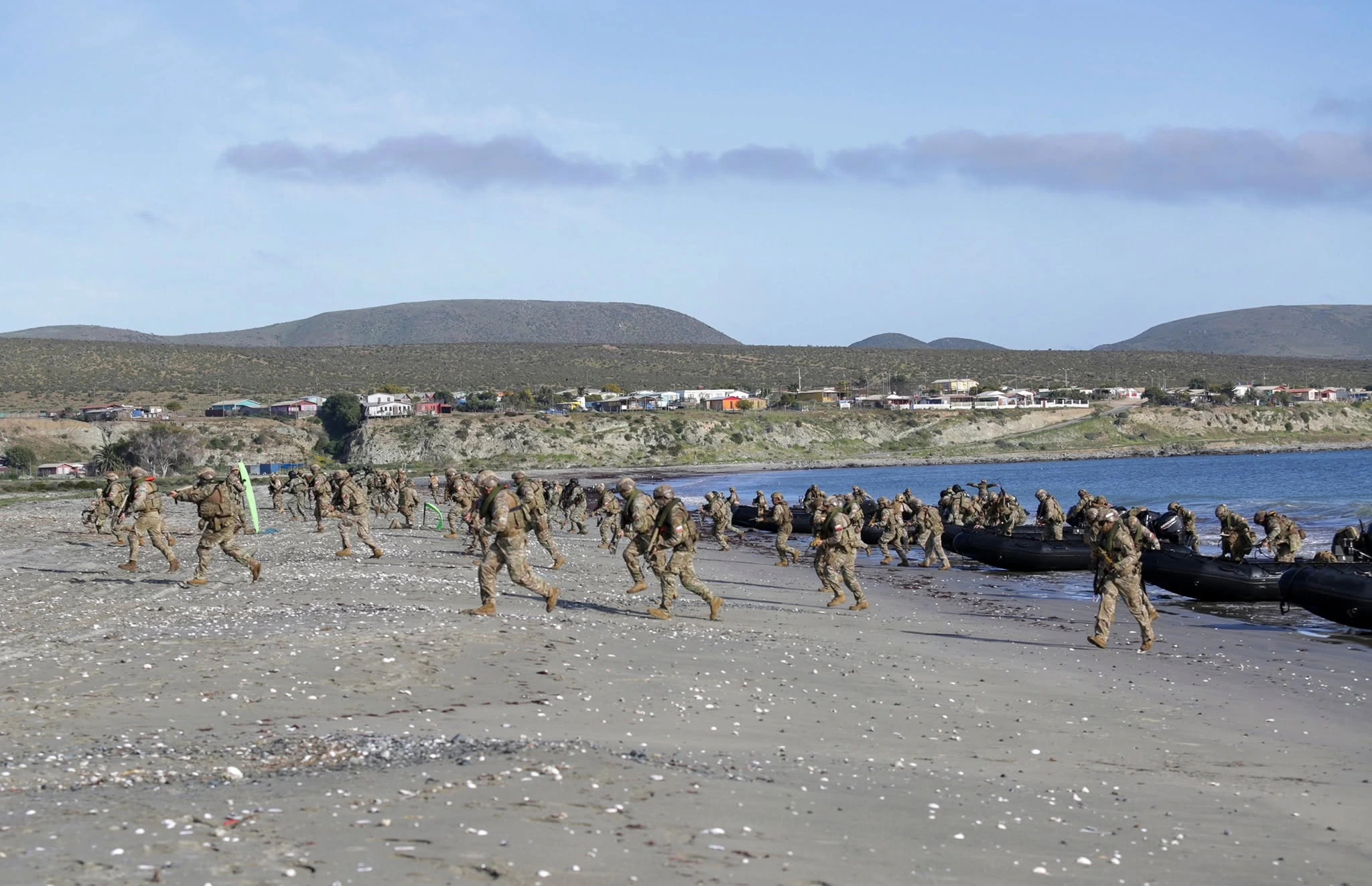 U.S. and Chilean Marines doing physical training together at Puerto Aldea, Chile