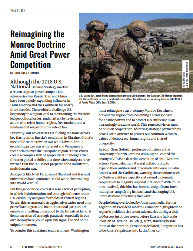Seapower feature page: &ldquo;Reimagining the Monroe Doctrine Amid Great Power Competition,&rdquo; by Johannes Schmidt
