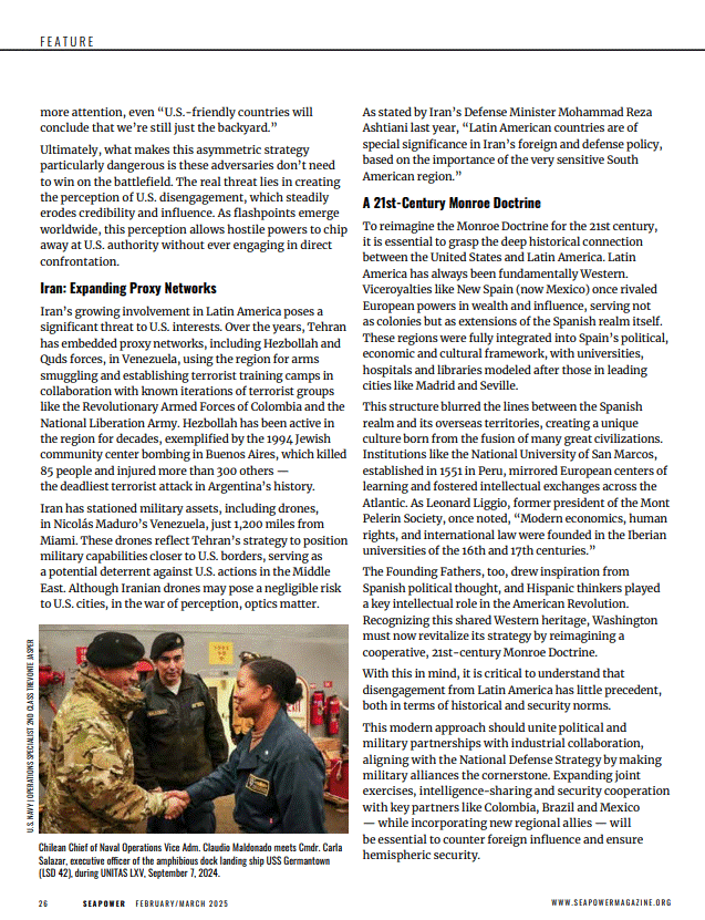 Seapower article page on Iranian proxy networks and the case for a 21st-century Monroe Doctrine